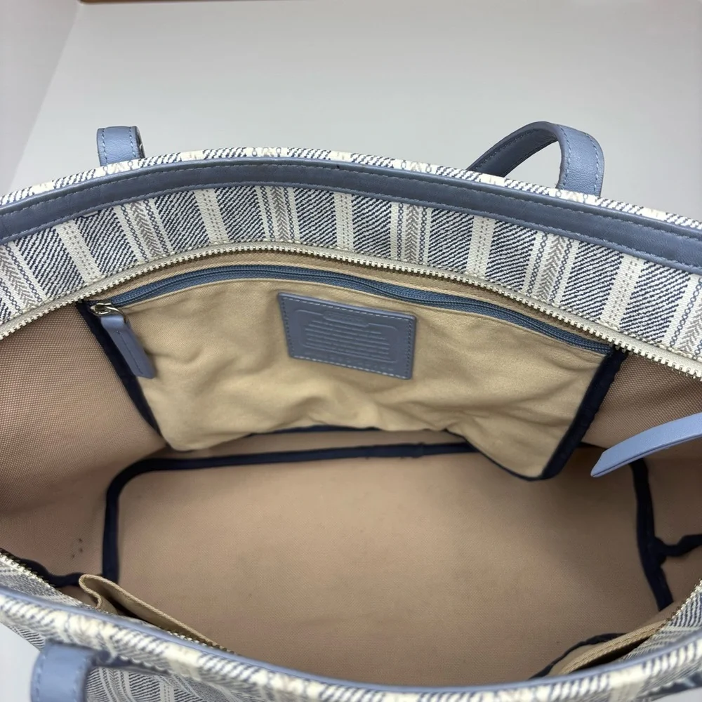 Coach Legacy Striped Weekend Tote Bag Purse Blue White Handbag Graphic Print